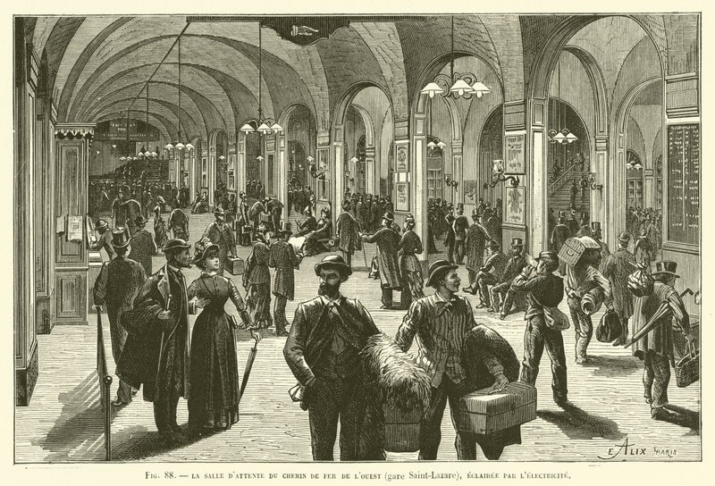 A sala de espera da estrada de ferro mais louca (estação de Saint-Lazare), iluminada pela eletricidade de French School