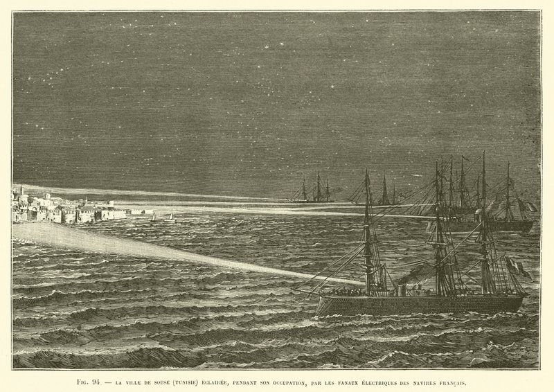 A cidade de Souse (Tunísia) Eclairee, durante sua ocupação, pelos fãs elétricos de navios franceses de French School