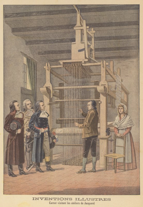 Lazare Carnot visitando a oficina de Jacquard em Lyon, 1801 de French School