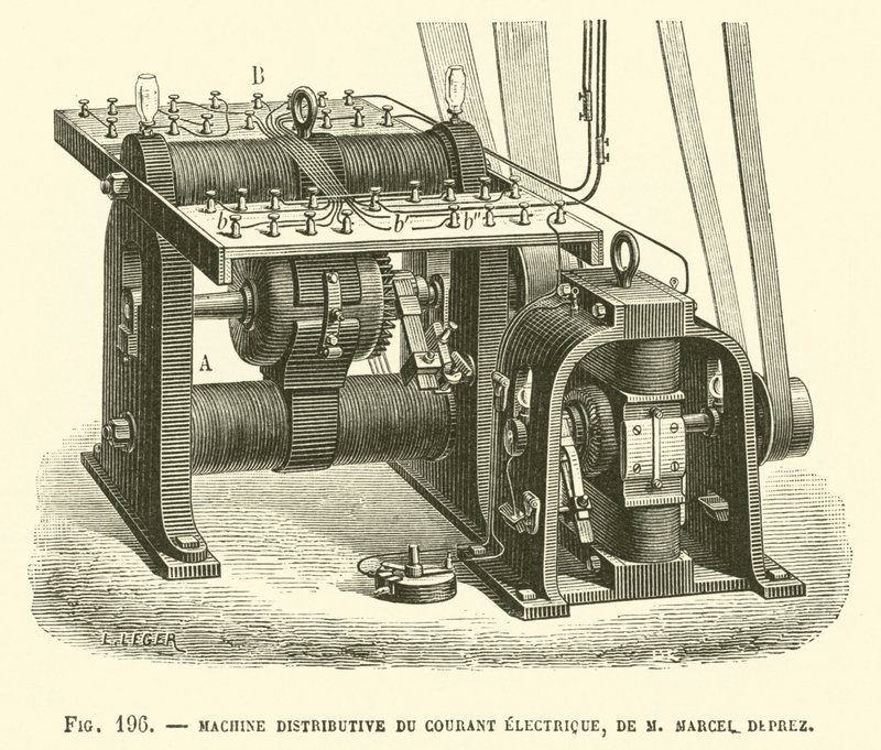 Máquina de corrente elétrica distributiva, por Marcel Deprez de French School