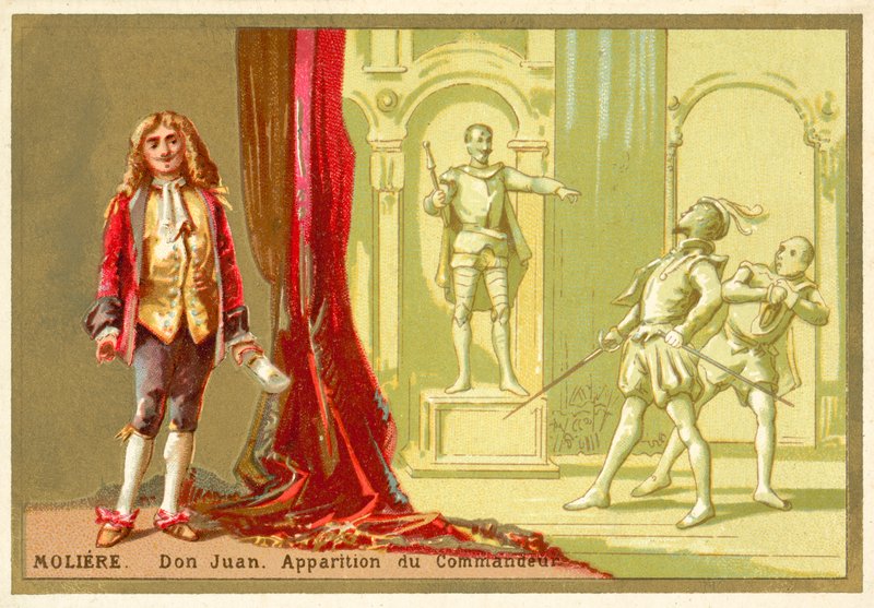Molière, dramaturgo francês e uma cena de sua peça Don Juan de French School