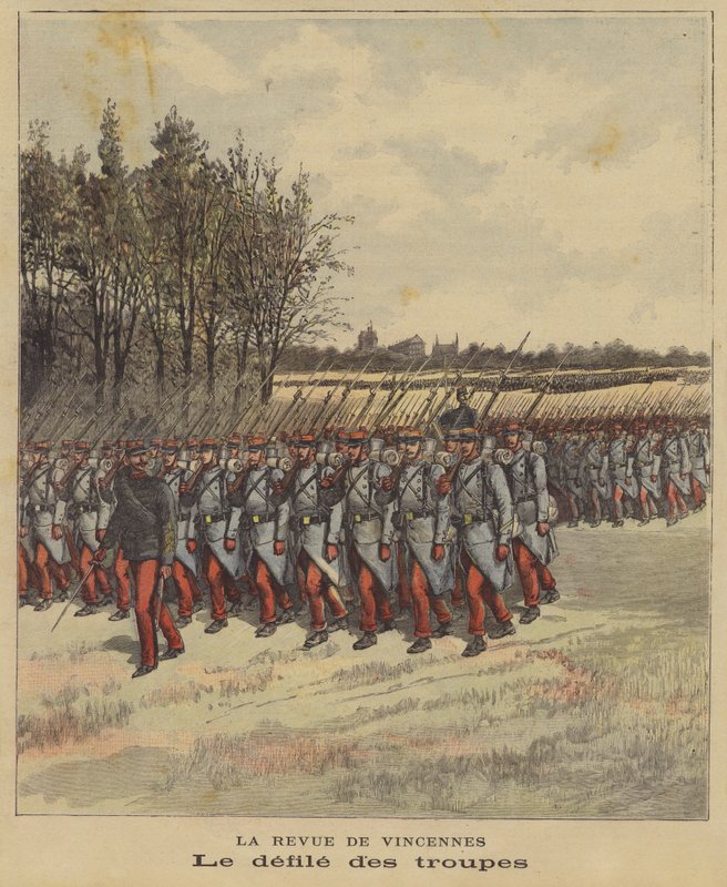 Desfile de tropas na revisão do exército francês em Vincennes de French School