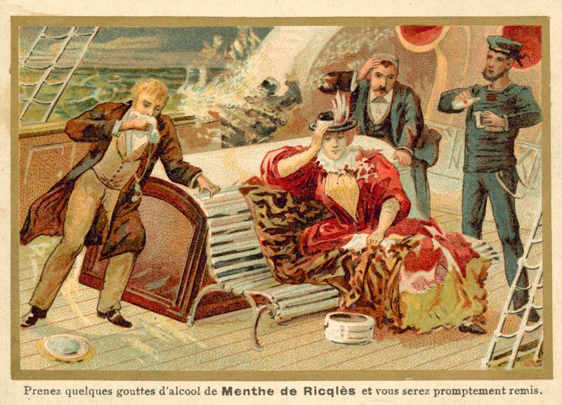 Passageiros em um navio recebendo o espírito de hortelã Ricqles para curar seu enjoo de French School