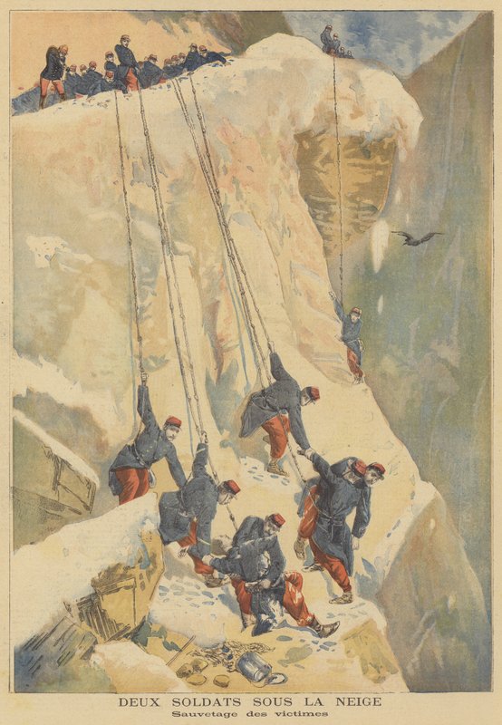 Resgate de dois soldados franceses enterrados por uma avalanche nos Alpes de French School
