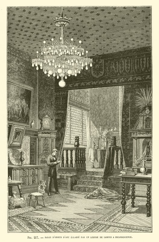 Pratos de sala de luz por um lustre de lâmpadas incandescentes de French School