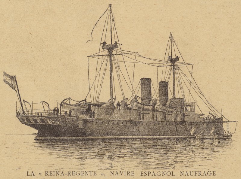 O cruzador espanhol protegido Reina Regente, perdido no mar com todas as mãos de French School