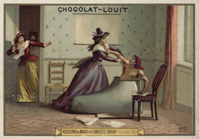 O assassinato de Jean-Paul Marat por Charlotte Corday, Revolução Francesa, 13 de julho de 1793 de French School