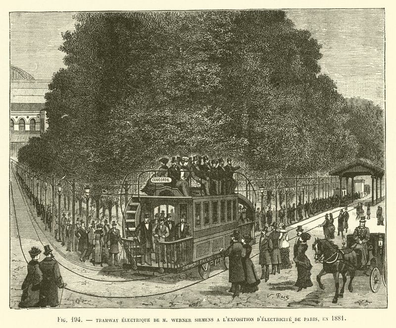 Bonde Elétrico de Werner Siemens na Exposição de Eletricidade de Paris, 1881 de French School