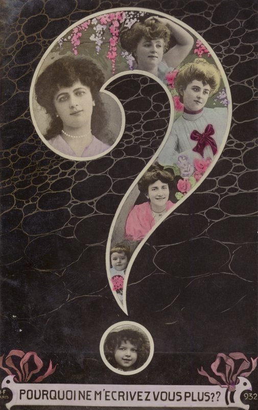 Um grande ponto de interrogação preenchido com os rostos de mulheres e meninas (fotocolagem colorida) de French Photographer