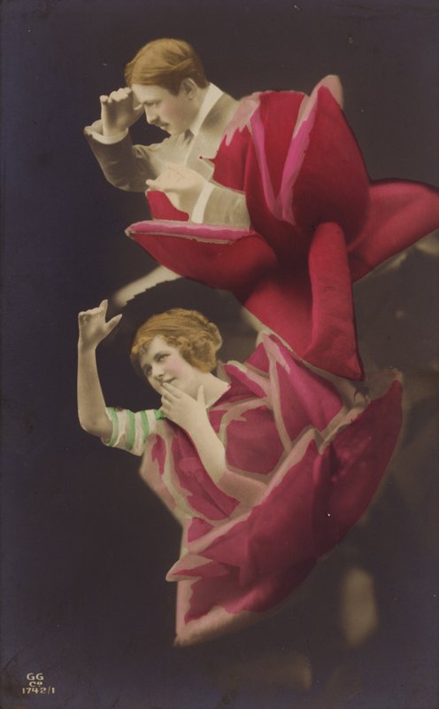 Uma mulher e um homem saem de uma rosa (fotocolagem colorida) de French Photographer