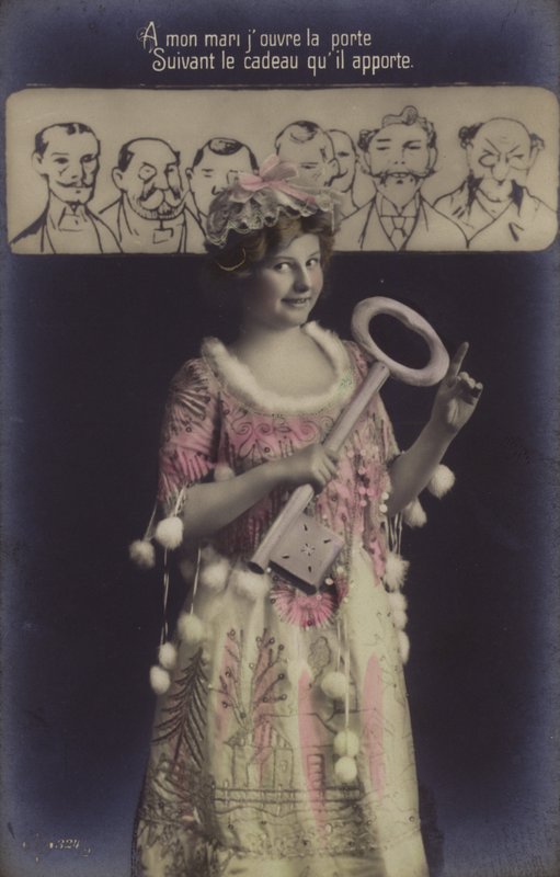 Uma jovem mulher segurando uma chave grande e apontando para vários homens de quem ela vai escolher um marido (fotocolagem colorida) de French Photographer