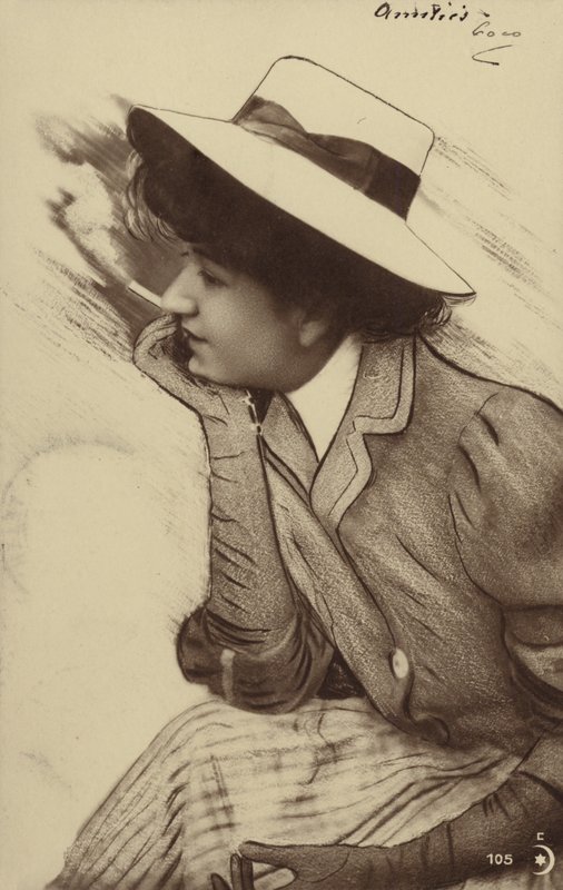 Um, mulher jovem, desgastando um chapéu, e, tabagismo, (photocollage) de French Photographer