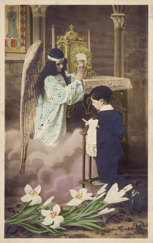 Menino, levando, primeiro, comunhão, atendido, por, anjo guardião, (colored, photo) de French Photographer