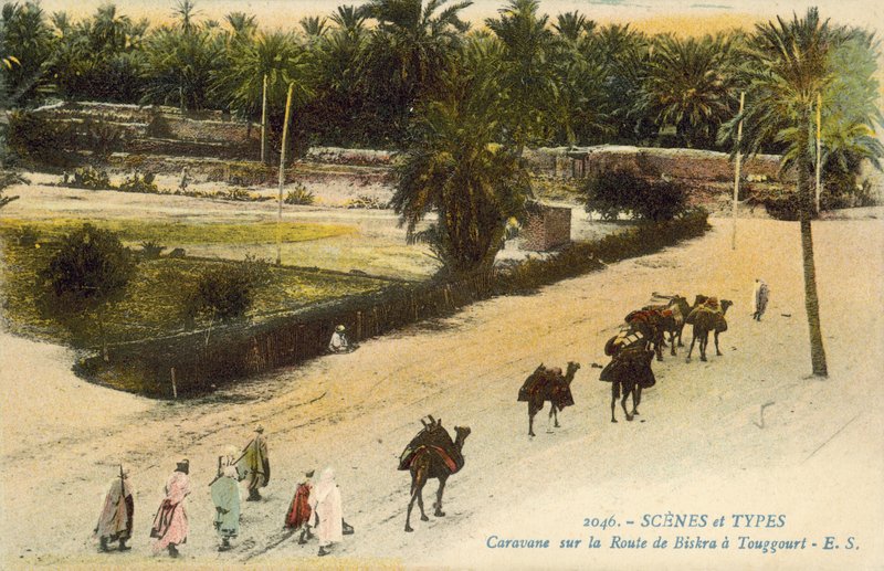 Caravana a viajar entre Biskra e Touggourt, Argélia (foto a cores) de French Photographer