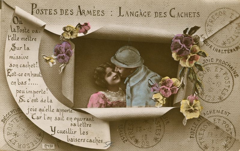 Cartão explicando os usos de cartões postais para aqueles com homens no exército de French Photographer
