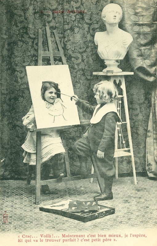 Crianças, quadro, menina, com, cabeça, através, lona de French Photographer