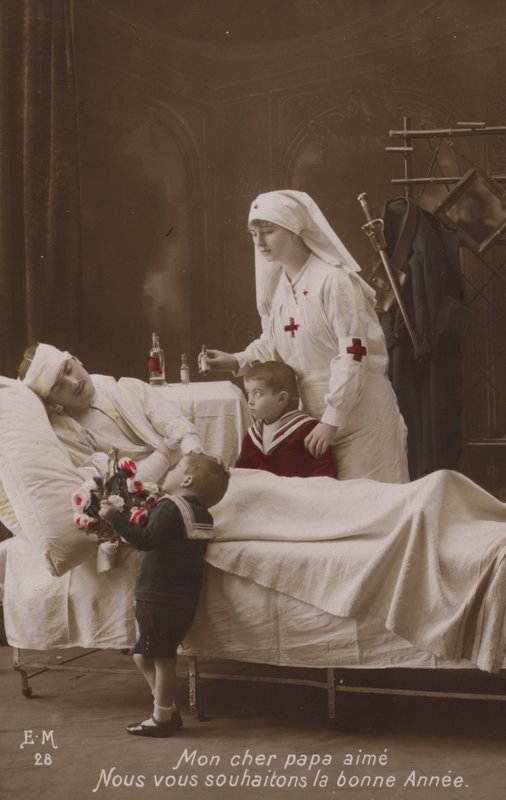 Crianças desejando um Feliz Ano Novo ao seu pai ferido, WW1 de French Photographer