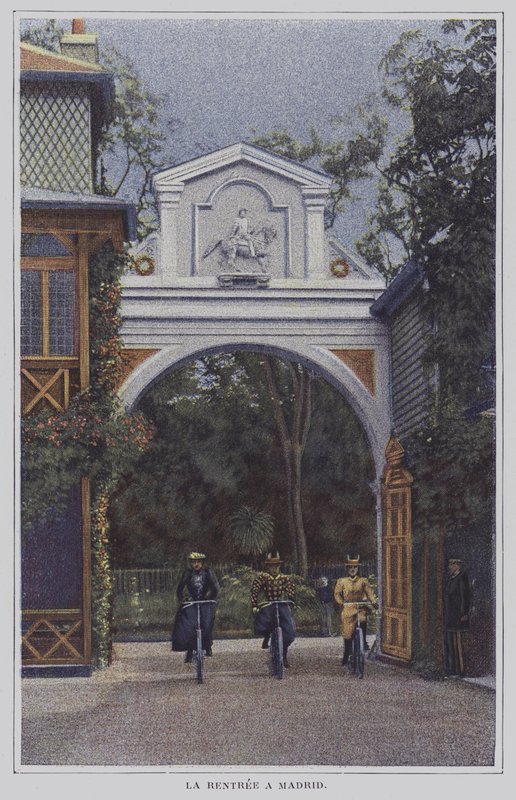 Radfahrer kehren nach einer Fahrt zum Château de Madrid im Bois de Boulogne, Paris, zurück (Farbfoto) von French Photographer