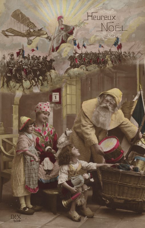 Pai Natal dando presentes para as crianças, com a primeira guerra mundial batalha no fundo de French Photographer