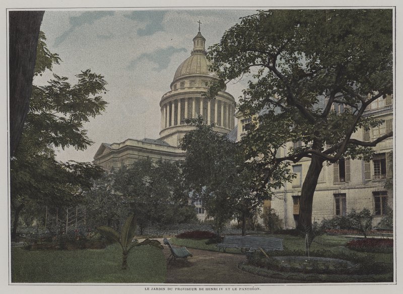 Jardim do diretor do Lycee Henri IV e a cúpula do Pantheon, Paris (cor litho) de French Photographer