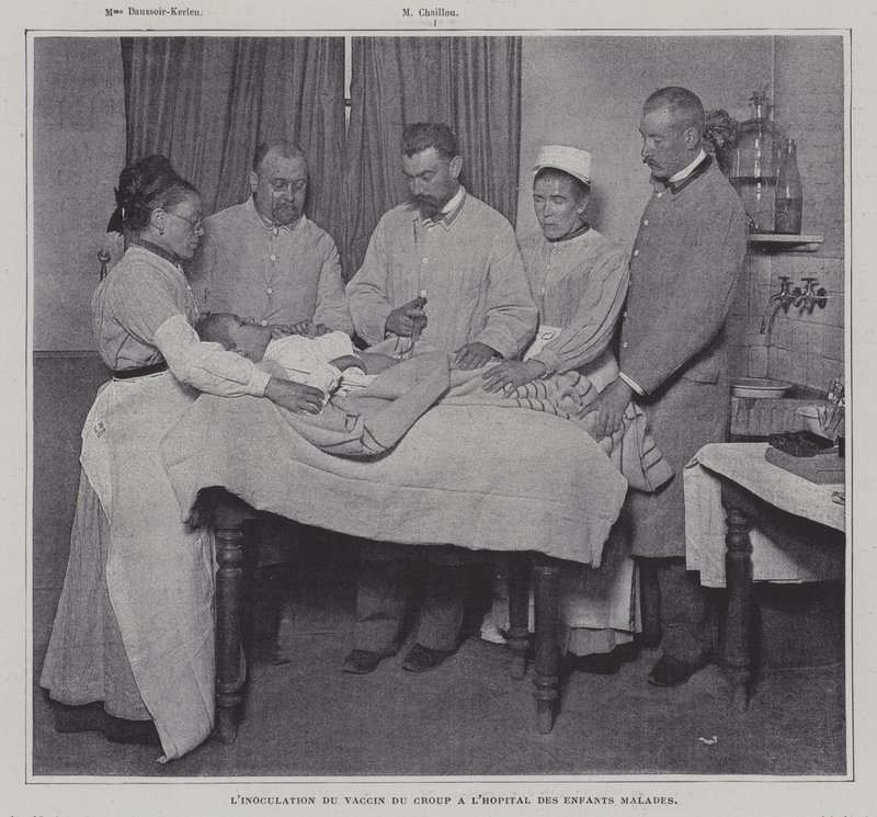 Inoculação de um paciente com a vacina contra a garupa em um hospital para crianças doentes em Paris (foto a p/b) de French Photographer