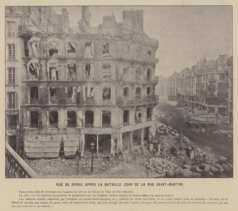 A Comuna de Paris, Rue De Rivoli Depois da Batalha, Esquina da Rue Saint-Martin (foto a p/b) de French Photographer