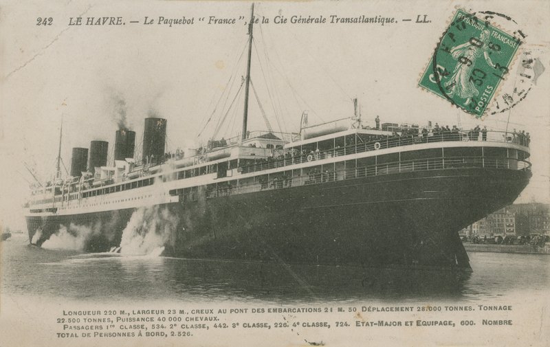 Transatlântico França, Le Havre. Postal enviado em 1913. de French Photographer