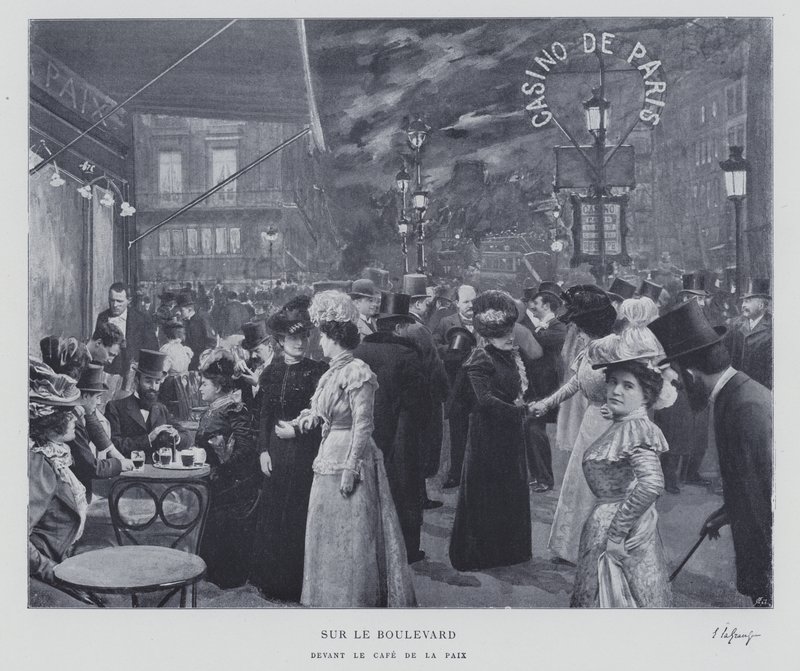 Na avenida fora do Cafe de la Paix, Paris (foto a p/b) de French Photographer