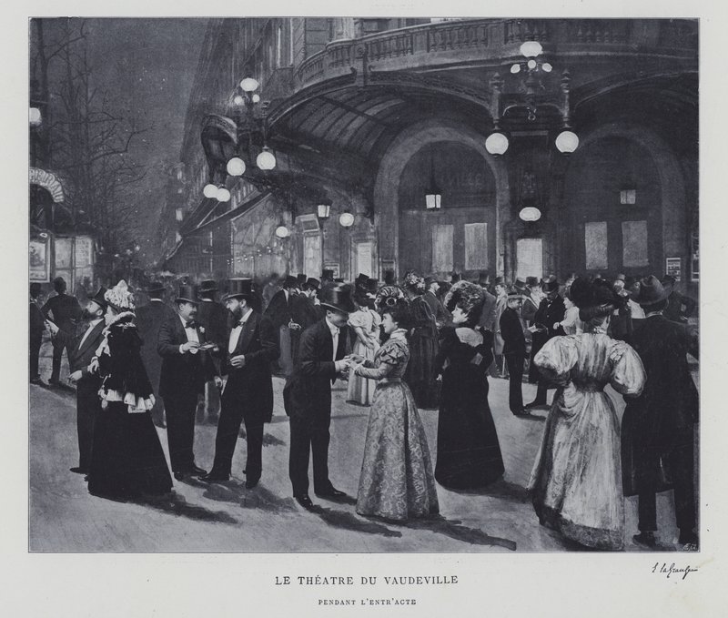 Fora do Theatre du Vaudeville, Paris, durante o intervalo (foto a p/b) de French Photographer