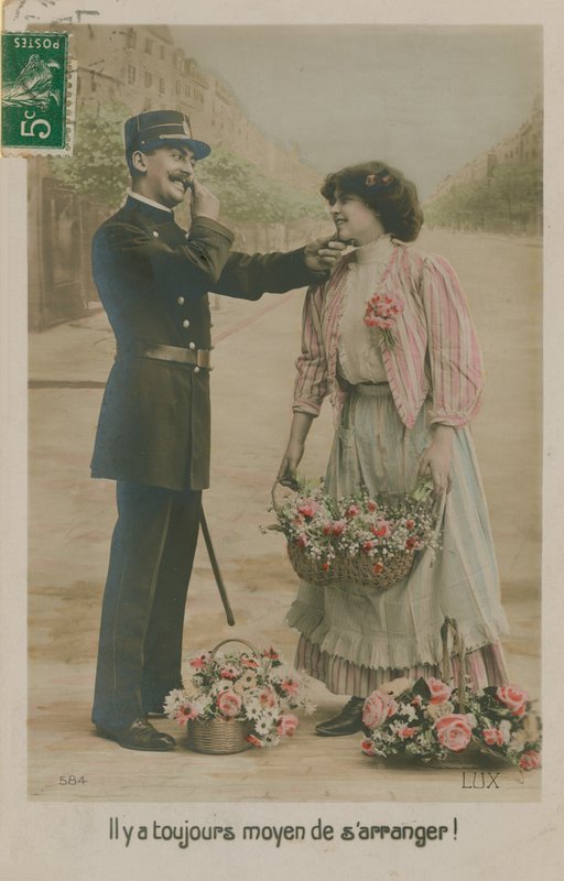 Postal de um policial francês com uma florista, enviado em 1913 (foto colorida à mão) de French Photographer
