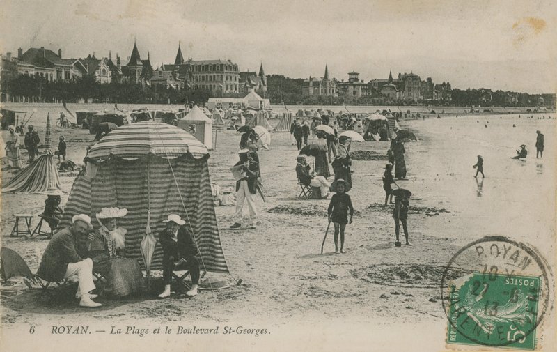 Cartão postal da praia e Boulevard St Georges, Royan, França, enviado em 1913 de French Photographer
