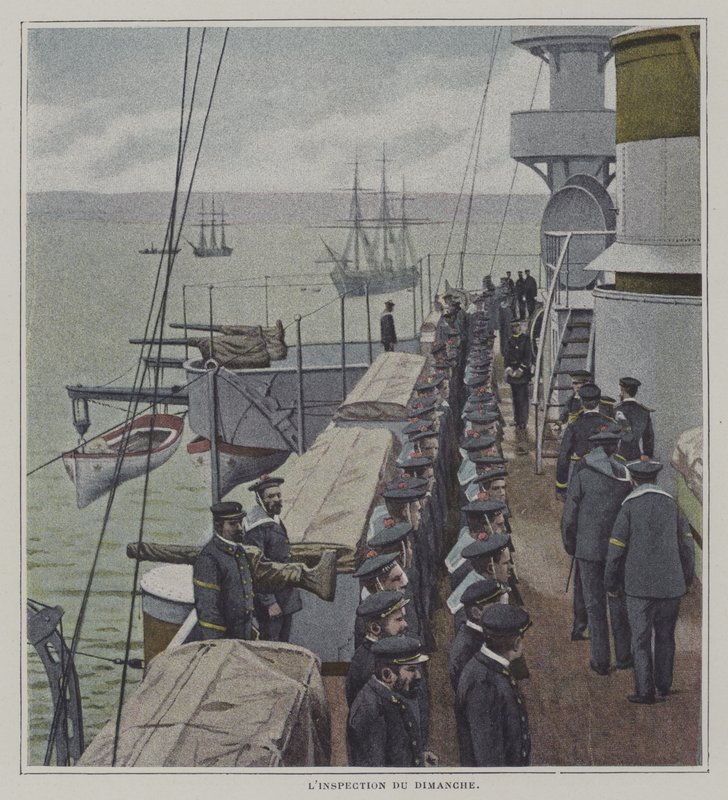 Inspecção de domingo a bordo de um navio de guerra francês (foto a cores) de French Photographer