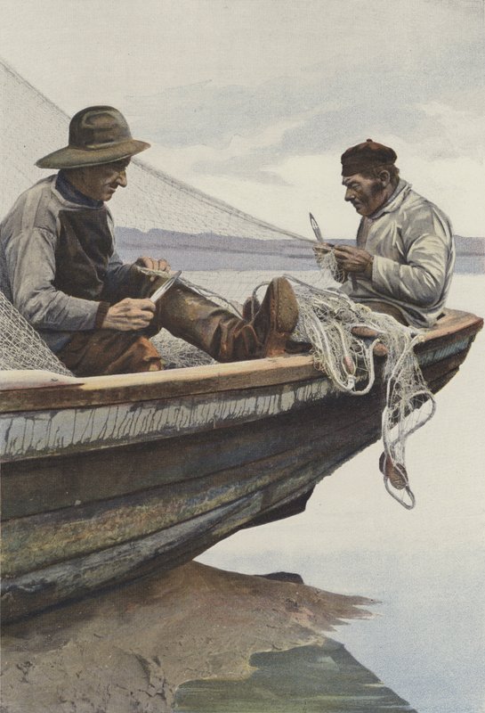 Em La Canche, pescadores consertando suas redes de French Photographer