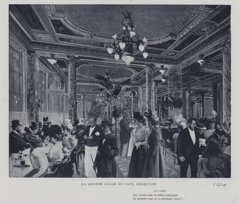 O grande salão do Café Américain, Paris (foto a p/b) de French Photographer