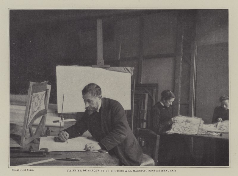 Atelier de traçado e costura na Beauvais Tapestry Manufacture, França (foto a p/b) de French Photographer