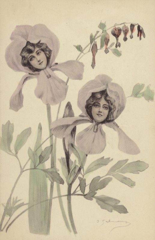 Duas flores de íris cada contendo o rosto de uma jovem mulher (colagem) de French Photographer