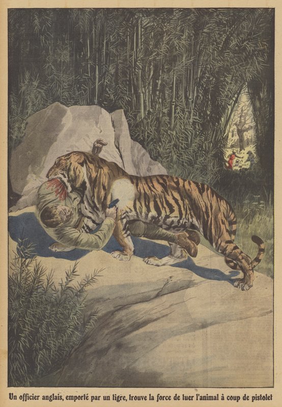 Um oficial britânico, levado por um tigre, encontra a força para matar o animal com a sua pistola (cor litho) de French School