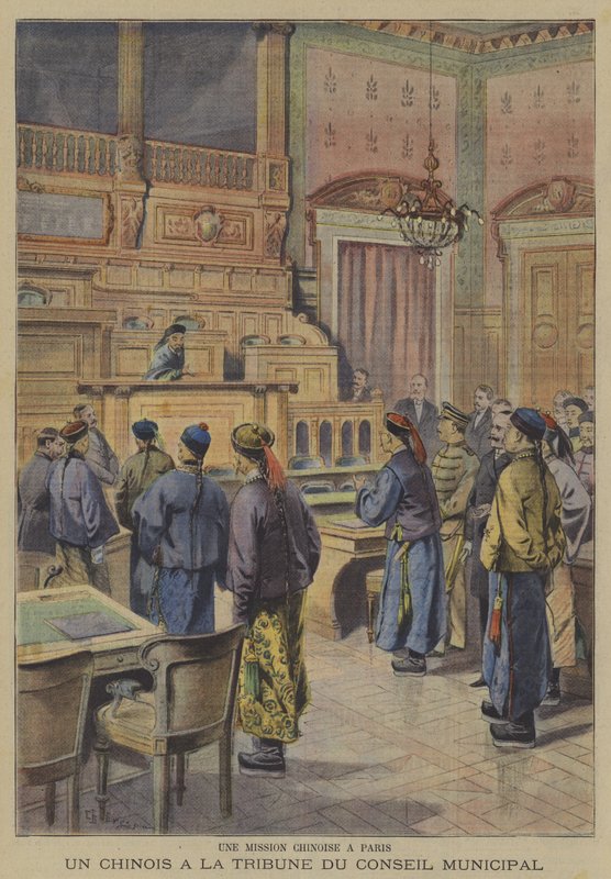Uma missão chinesa a Paris: um dos delegados chineses no pódio da Câmara Municipal (cor litho) de French School