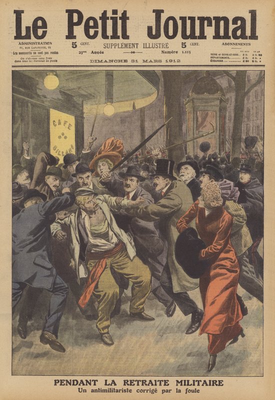 Um antimilitarista francês atacado por uma multidão em um desfile militar (cor litho) de French School