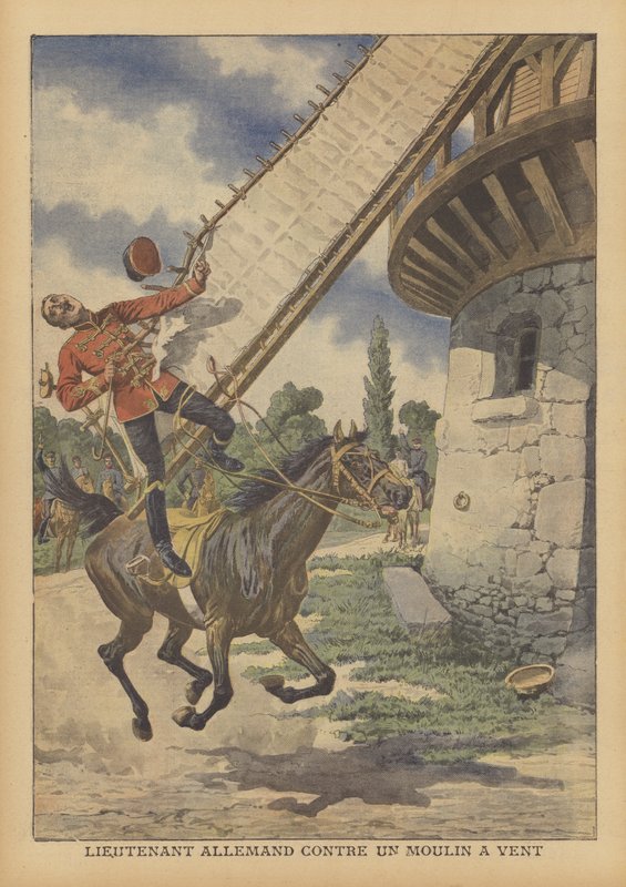Um tenente de cavalaria alemão morto depois de ter sido retirado do cavalo pela vela de um moinho de vento (cor litho) de French School