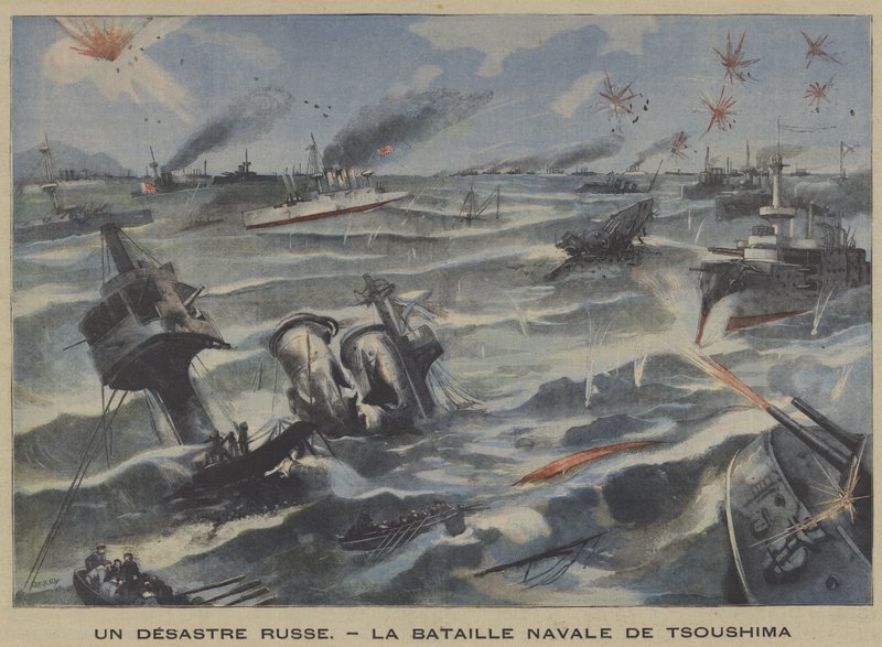 Um desastre russo: derrota na Batalha de Tsushima, Guerra Russo-Japonesa (cor litho) de French School
