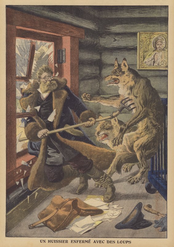 Um oficial de justiça preso com lobos na Rússia (cor litho) de French School