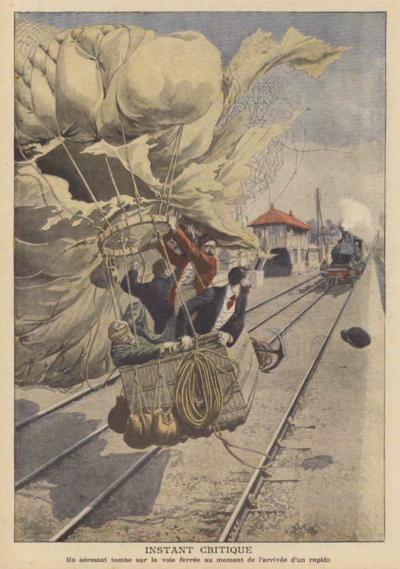Uma aterragem de balão numa linha ferroviária no caminho de um comboio expresso que se aproxima (cor litho) de French School