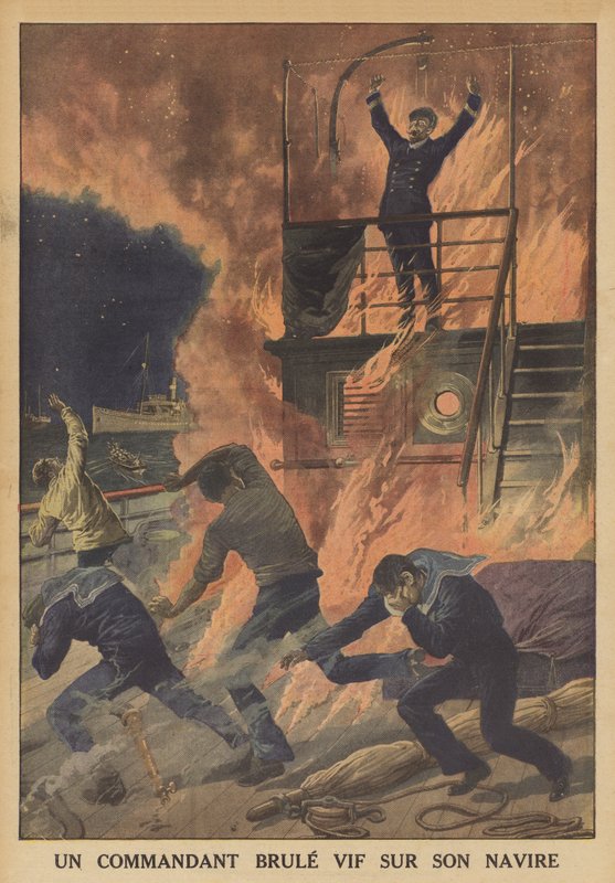 Um capitão queimado vivo no seu navio (cor litho) de French School