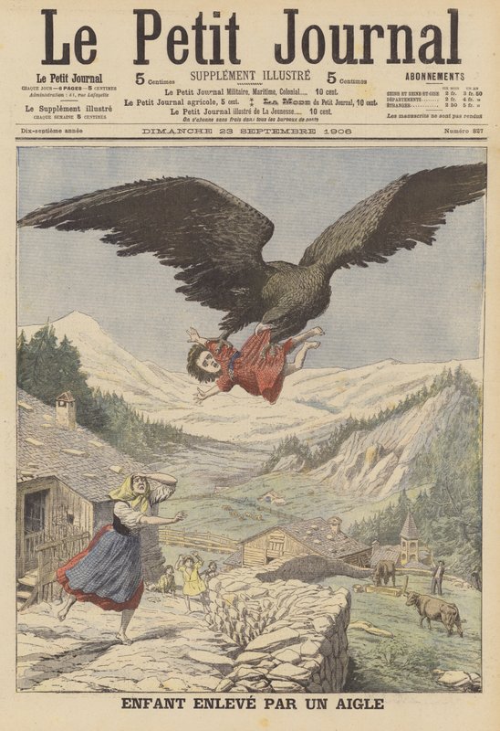 Uma criança levada por uma águia nos Alpes italianos (cor litho) de French School
