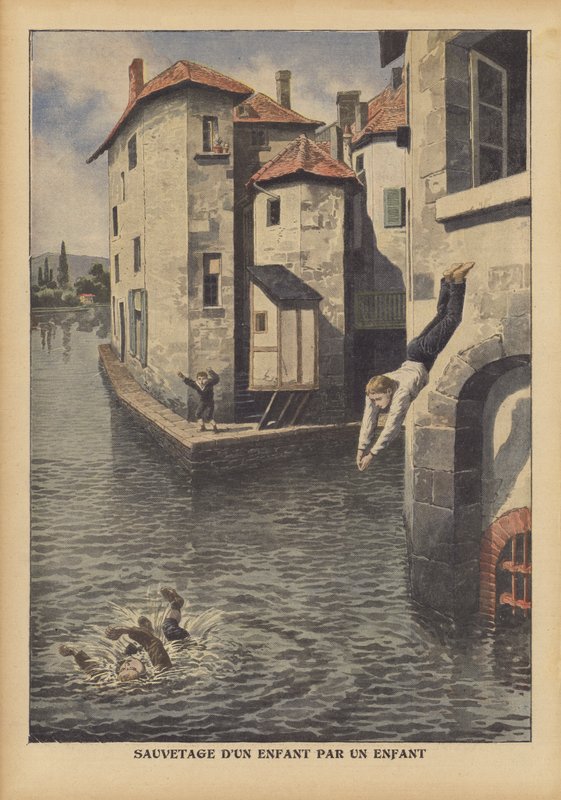Uma criança salvando outra do afogamento no Canal de Givors, França (cor litho) de French School