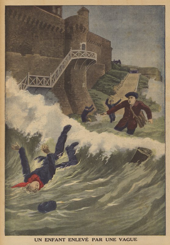 Uma criança varrida por uma onda (cor litho) de French School