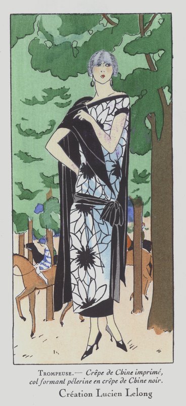 Um dia nas corridas - a moda feminina dos anos 20 do estilista Lucien Lelong (litografia a cores) de French School