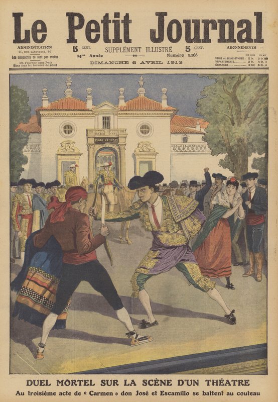 Um duelo mortal no palco de um teatro em Espanha (cor litho) de French School