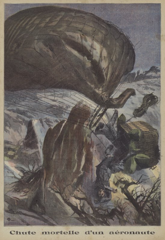 Um acidente de balão fatal (cor litho) de French School